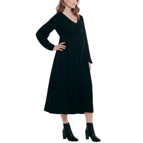 Motherhood Maternity Women’s Long Sleeve Button Front Midi Pregnancy Dress, Black, Large