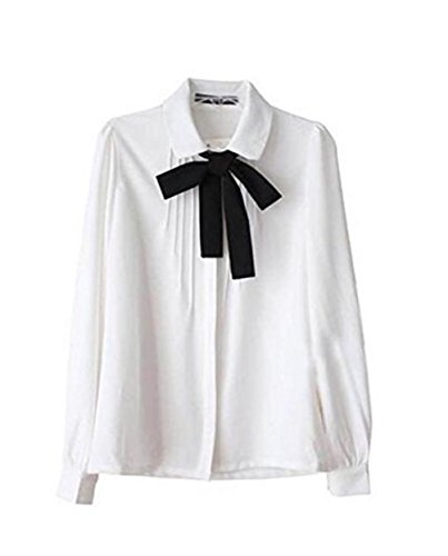 Q&Y Lady Bowknot Doll Collar Long Sleeve OL Chiffon Button Down Shirts Top Blouse White L