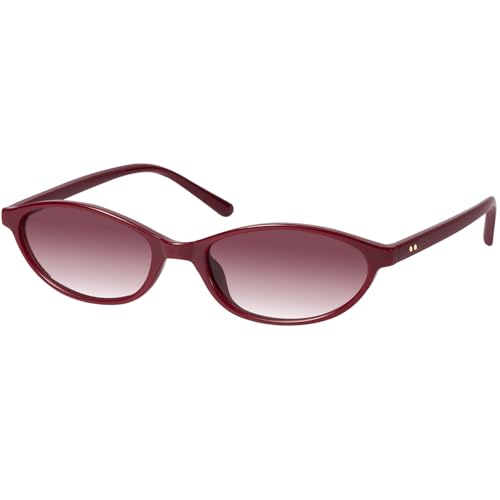 mosanana Trendy Oval Sunglasses for Women Retro 90s Small Vintage Cute Fashion Cool Red 2026 Thin Skinny Narrow Tiny Sunnies Burgundy MS52587