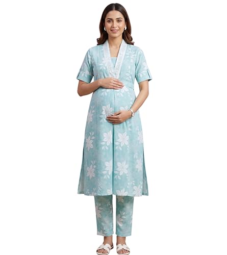Image of DUMMY SHAPE Maternity Dresses for Women Cotton | Floral Kurta Pant Dupatta Set with Nursing Zippers, Side Pocket | Pre & Post Pregnancy | Feeding Kurti Suit | Baby Shower | Gifts for Pregnant Woman