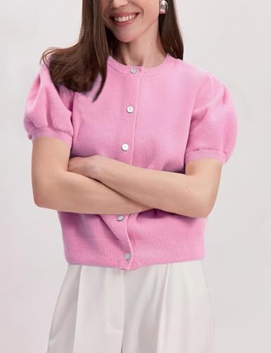 Image of Yimoon Women's Lightweight Puff Short Sleeve Cardigan Sweater | Summer, Y2K, Cropped Knit, Button Up, Blouse Tops