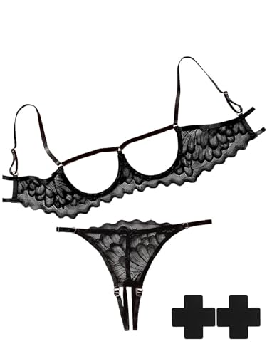Image of Lilosy Women's Sexy Underwire Floral Lace Sheer Lingerie Set See Through Bra and Panty 4 Pieces Pasties Black X-Large