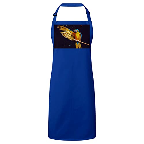 Tablier de cuisine bleu magnifique motif perroquet jaune et oiseau exotique