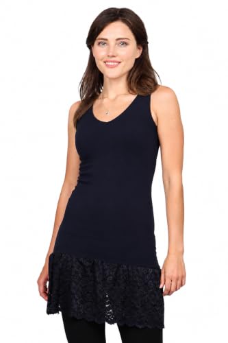 m. rena Women's Lace Trim Seamless Bodycon Tank Slip Dress. One Size (Navy)