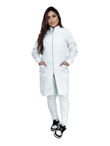 Jaleco Feminino Ziper Prata Branco Manga Longa Com Punho Cor:Branco;Tamanho:PP
