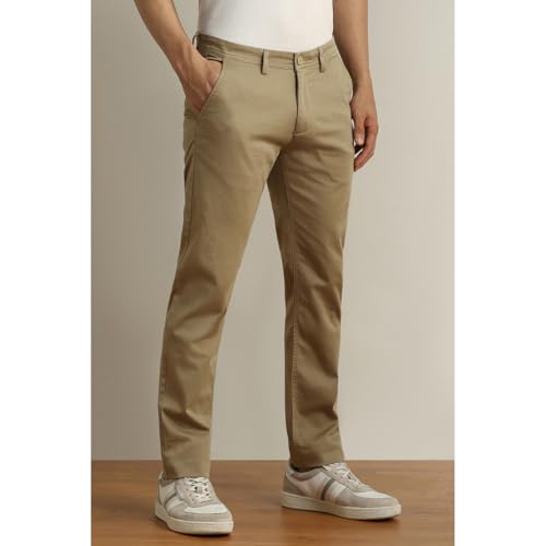 Image of Peter England Men's Super Slim Fit Stretchable Cotton Satin Casual Trousers | Office Sleek & Trendy Look