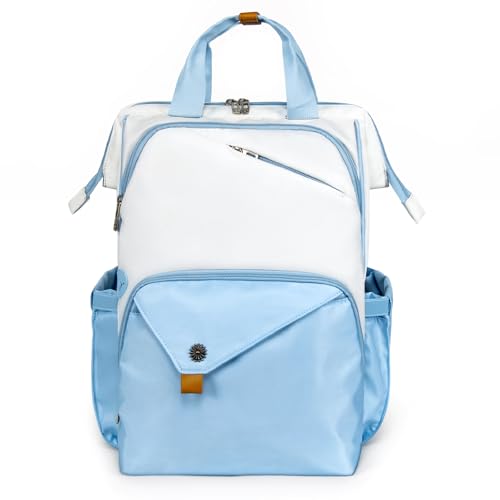Hap Tim Mochila de viagem aprovada em voo, mochila para laptop para escola, mochila de trabalho feminina, branca e azul (7651-WB)