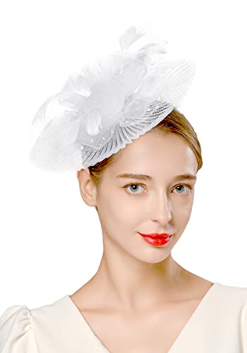 FELIZHOUSE Fascinators Hat for Women Tea Party Headband Church Wedding Cocktail Flower Mesh Feathers Hair Clip White