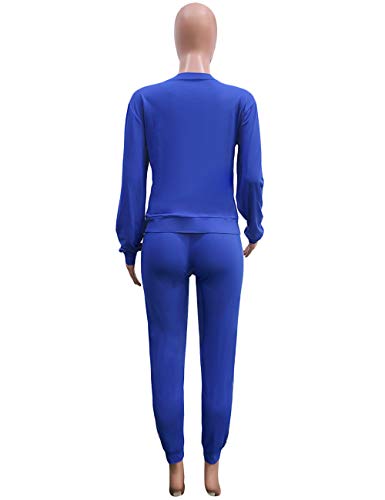 KANSOON Women's Letter Print 2 Piece Outfits Round Neck Long Sleeve Sweatshirt and Pants Set Tracksuit Blue M