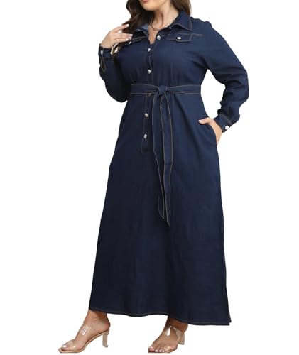 Sexyshine Women's Long Sleeve Full Button Closure Denim Dress Lapel V Neck A Line Plus Size Fall Jeans Maxi Dresses(25864ZQ,4XL) Blue
