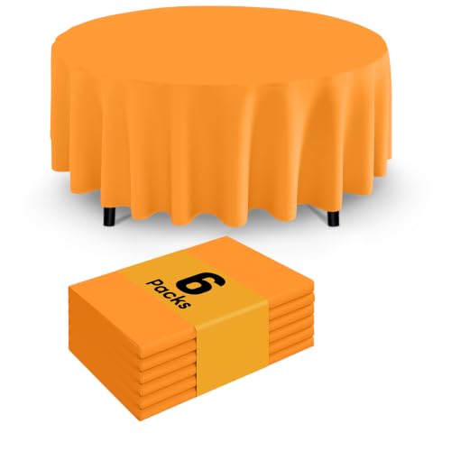 Image of Smiry Disposable Table Cloth - 6 Pack, 84 Inch Round Waterproof Tablecloths for Parties, Decorative Plastic Table Cover, Leakproof & Sturdy, Orange