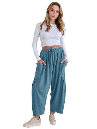 Womens Linen Wide Leg Palazzo Pants Casual Loose Elastic Drawstring Flowy Pant 2025 Travel Baggy Pocket Harem Pants2