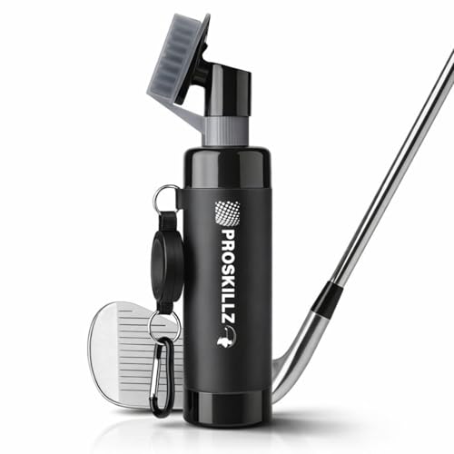 PROSKILLZ Golf Club Brush Cleaner with Built-In Water Spray I Premium 180ml Groove Cleaning Tool with Nylon Bristles & Retractable Golf Bag Clip