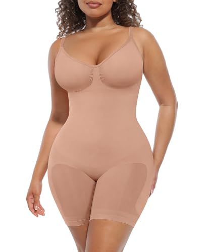FeelinGirl Seamless Bodysuit Shapewear Hip Enhancer High Waist Body Shaper Full Body Slimming Faja Khaki Beige M/L
