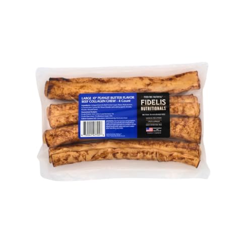 FIDELIS Rawhide Free Dog Chews Long Lasting, Treat Sticks, Dog Treats, Small & Large Dogs, Beef Collagen, Gluten Free, Grain Free, Pet Chew, Bones-Alternative, Made in USA, 4pk, Peanut Butter, 10