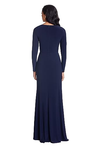 Image of Betsy & Adam Womens Betsy & Adam Women's V-Neck Long Sleeve, Floor-Length Gown with Side Ruffle Detail and Slit