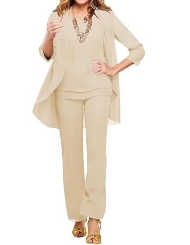 3 Pieces Mother of The Bride Pant Suits with Jacket 3/4 Sleeves Chiffon Outfit Long Formal Evening Gowns for Wedding Guest