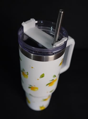 Image of 1200ML Stainless Steel Tumbler Hot and Cold with Handle and Lid and 2 Straws, Double Insulated Cup Leak Proof Mug Cupholder for Gym, Travelling (White Summer Lemons)