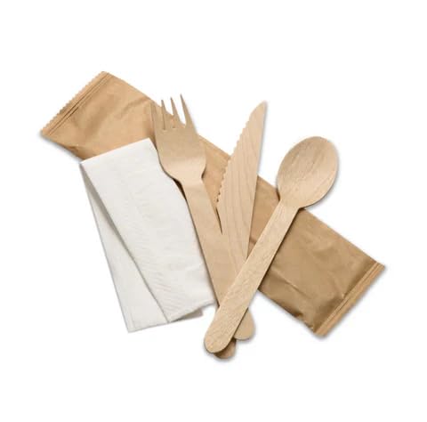 Eco Leaf 200pcs Wooden Cutlery Set | Disposable Biodegradable Eco Friendly Bamboo Spoons for Picnic, Party, Wedding | Compostable Cutlery Pack - 50 Forks, 50 Knives, 50 Spoons, 50 Napkins