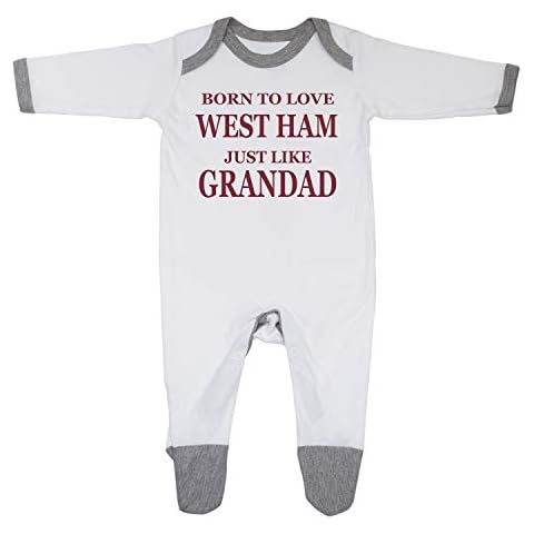 'Born To Love West Ham Just Like Grandad' Baby Boy Girl Sleepsuit Gift Made in the UK Using 100% Fine Combed Cotton (0-3 Months, White/Grey Trim) Cover