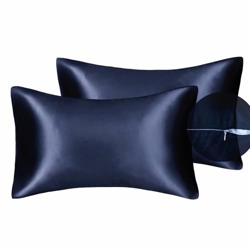 100% Silky Satin Charmeuse Silk Pillowcase Pack of 2 for Hair and Skin (Standard, Navy)