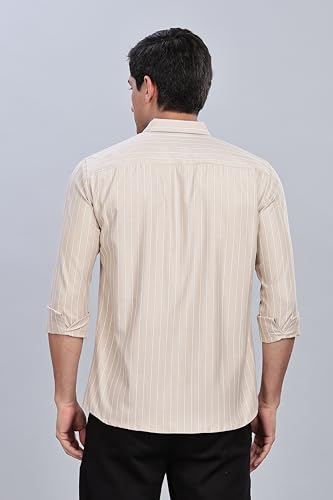 Image of MILDIN Men's Pure Cotton Striped Printed Shirt with Spread Collared Neck Full Sleeve Curved Hemline Button Closure and Regular Fit | Shirt for Man