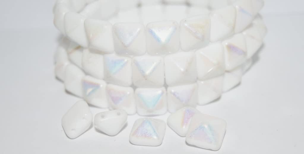 60 pcs Pressed Glass Beads 2-Hole Square Pyramid, White Ab (2010 Ab), Glass, Czech Republic, Size 13 x 12 mm (0.51 x 0.47 in)