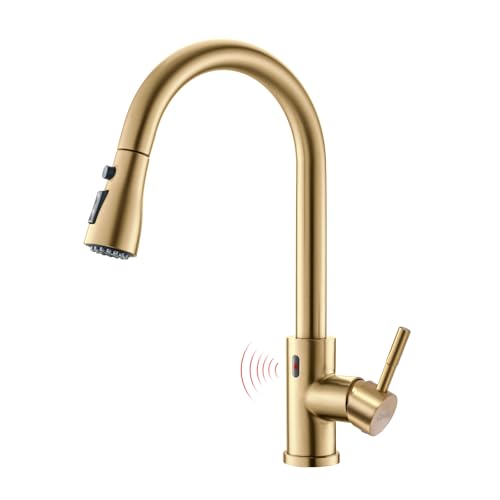 GIMILI Touchless Gold Kitchen Faucet with Pull Down Sprayer Motion Sensor Hands-Free Smart Activated Brushed Gold Brass Sink Faucets by GIMILI - Used condition - US$95.16
