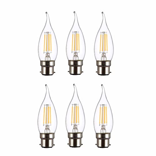 TEKLED® Lot de 6 ampoules LED vintage à filament C35 | Culot à baïonnette B22 | Ampoule à économie d'énergie 4 W équivalente à 40 W | Non compatible...