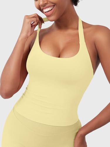 Image of YEOREO SoftHue Women's Impact Halter Tank Top Longline Backless Scoop Neck Built-in Bra Sports Workout Gym Crop Top