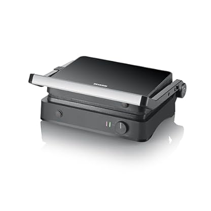 SEVERIN SEVINI Lite, Kontaktgrill für Fleisch, Fisch & Gemüse, Keramikbeschichteter Sandwich-Maker für fettfreies Grillen, Indoor-Grill bis zu 220°C Hitze, 1.800 W, schwarz, KG 2398