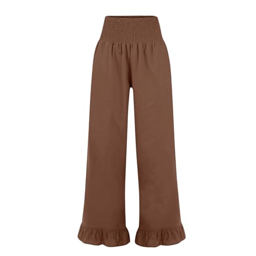 Image of Palazzo Pants for Women Linen Smocked Elastic Waist Ruffle Wide Leg Pants Summer Beach Flowy Boho Pant with Pockets