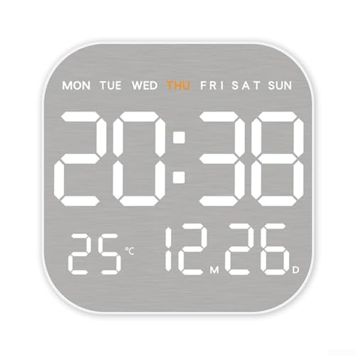Yuanpgky Reloj de pared de metal cepillado con pantalla LED, reloj despertador electrónico cuadrado para oficina en casa, muestra fecha, humedad y semana, alimentado por USB (blanco)