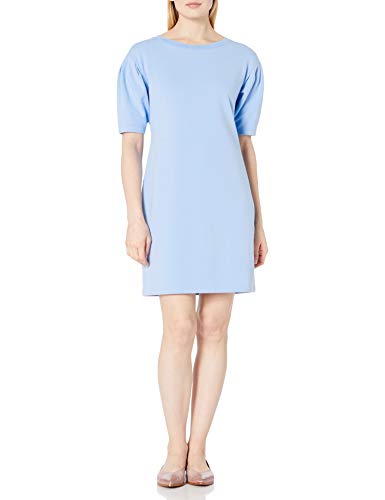 Amazon Brand - Daily Ritual Women's Relaxed Fit Terry Cotton and Modal Pleated-Sleeve Sweatshirt Dress, Lake Blue, Medium