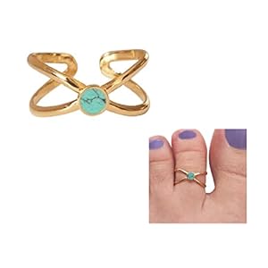 Yellow Gold Plated over 925 Sterling Silver Criss Cross inlaid with 4mm Reconstructed Turquoise Gemstone Toe Ring/Knuckle Ring – Small Dainty Adjustable Open Ring | Handmade by MiYa Jewelry
