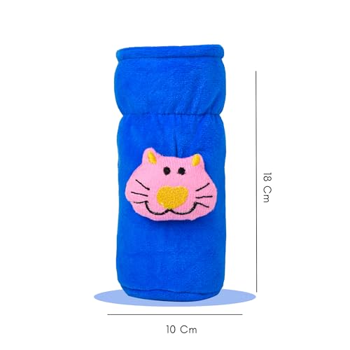Image of Soft Plush Stretchable Baby Feeding Bottle Cover Easy to Hold Strap with Cute Animated Cartoon| Suitable for 60-125 Ml Feeding Bottle (Peach-Light Blue)