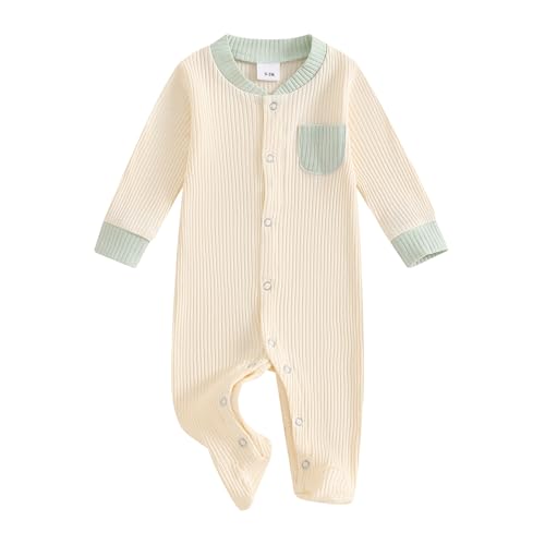 Image of Ursobutegl Newborn Baby Boy Girl Clothes Color Block Footies Romper Bodysuit Jumpsuit Button Footed Coming Home Outfits