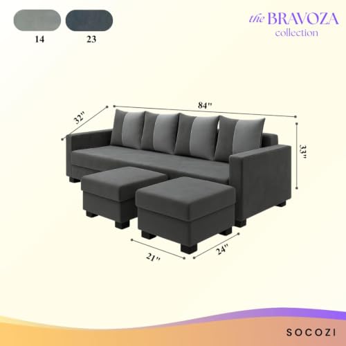 Image of SOCOZI Braviza 6 Seater L Shape Sofa Set with 2 Movable Ottomans | Flexible Layout | Soft Velvet Suede Fabric | Modern Design | Plush Comfort Cushions for Living Room (Dark Grey-Light Grey)