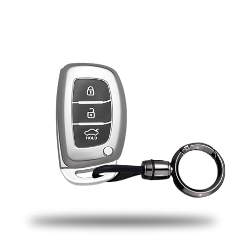 Image of SIAGO TPU Key Cover and Round Keychain Compatible for Hyundai Aura Elantra I.10 Grand Nios I.20 Elite Verna 4S Creta I.10 Grand I.20 Activa Tucson Xcent 3 Button Smart Key (Grey)