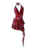 Verdusa Going Out Dress Y2k Mesh Floral Backless Halter Short Dress Ruffle Asymmetrical Mini Dress Wedding Guest Dress Red Large