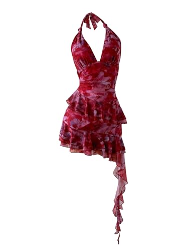 Verdusa Mesh Dress for Women Y2k Floral Backless Halter Short Dress Ruffle Asymmetrical Slim Fit Mini Dresses