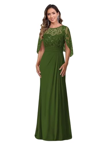 Image of Mother of The Bride Dresses - Long Chiffon Lace Appliques Cape Sleeve Ruched Waist Formal Evening Gown for Women