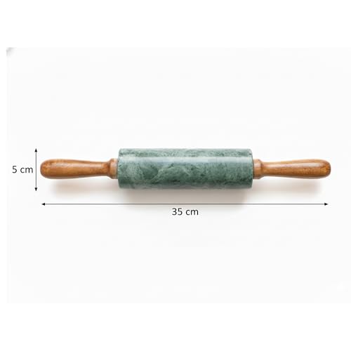 Image of Marble Belan Rolling Pin with Wooden Handles, Kitchen Baking Cooking Tool, Durable Design, Non-Porous Surface Ideal for Chapati, Roti, Pizza and Dough Roller(Green, 14 Inch)