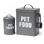 simpa Retro Vintage Style Metal Pet Food Storage Set – 3PC Matt Grey Dog & Pet Food Tin, Treats Tin & Scoop