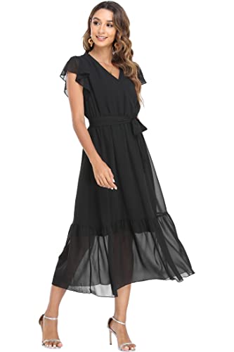 Image of VintageClothing Womens Sundress Casual Floral Summer Boho Dress | Flowy Wrap V Neck Ruffle A-Line Pleated Hem Midi Dresses