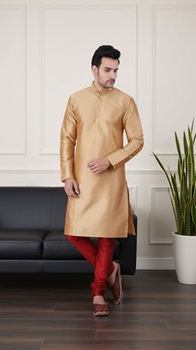 Image of Sadree Men's Silk Blend Mandrin Collor Full Sleeve Knee Length Indian Kurta Chudidar Pyjama Set