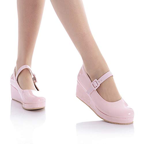 MIOKE Women's Round Toe Mary Jane Wedge Pumps Patent Leather Buckle Strap Chunky Mid Heel Retro Dress Shoes2