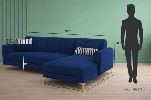 Image of Adorn India Premium Luster 8 Seater L Shape Sofa Set with 2 Puffy & 1 Center Table | Velvet Suede Fabric | 3-Year Warranty | RHS | Blue with Golden Legs & Striped Pattern Cushion