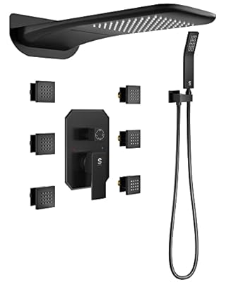 4-Function Waterfall Shower System with Body Jets, SR SUN RISE Full Body Rainfall Shower System with Handheld Shower Faucet Complete Sets, Wall Mounted Shower Fixture Set for Bathroom, Matte Black