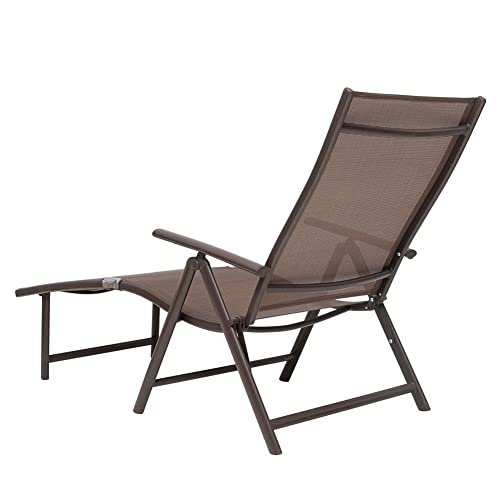 Pellebant Aluminum Patio Chaise Lounge Chair, Adjustable Chair For Outside With 8 Backrest Positions, Brown Frame, Folding Outdoor Recliners All Weather For Beach, Pool And Yard, Brown #TOP4